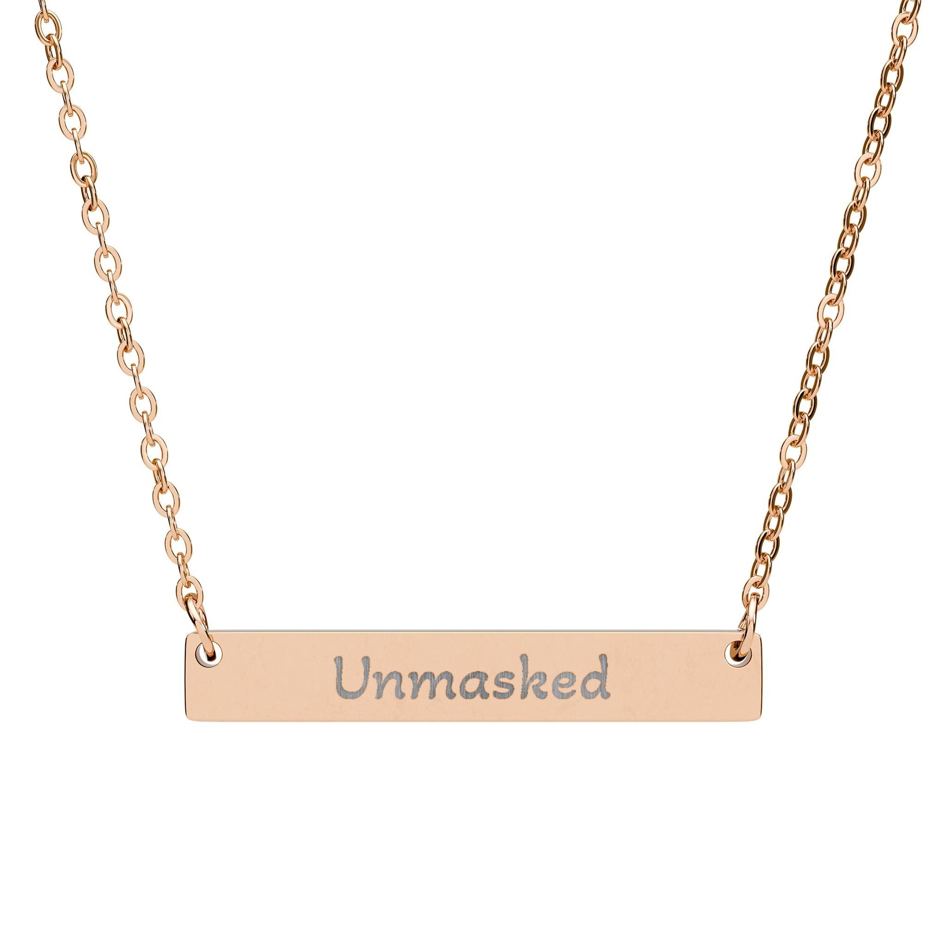 "Unmasked" - Engraved Horizontal Bar Necklace - Atlas of Imaginary Worlds