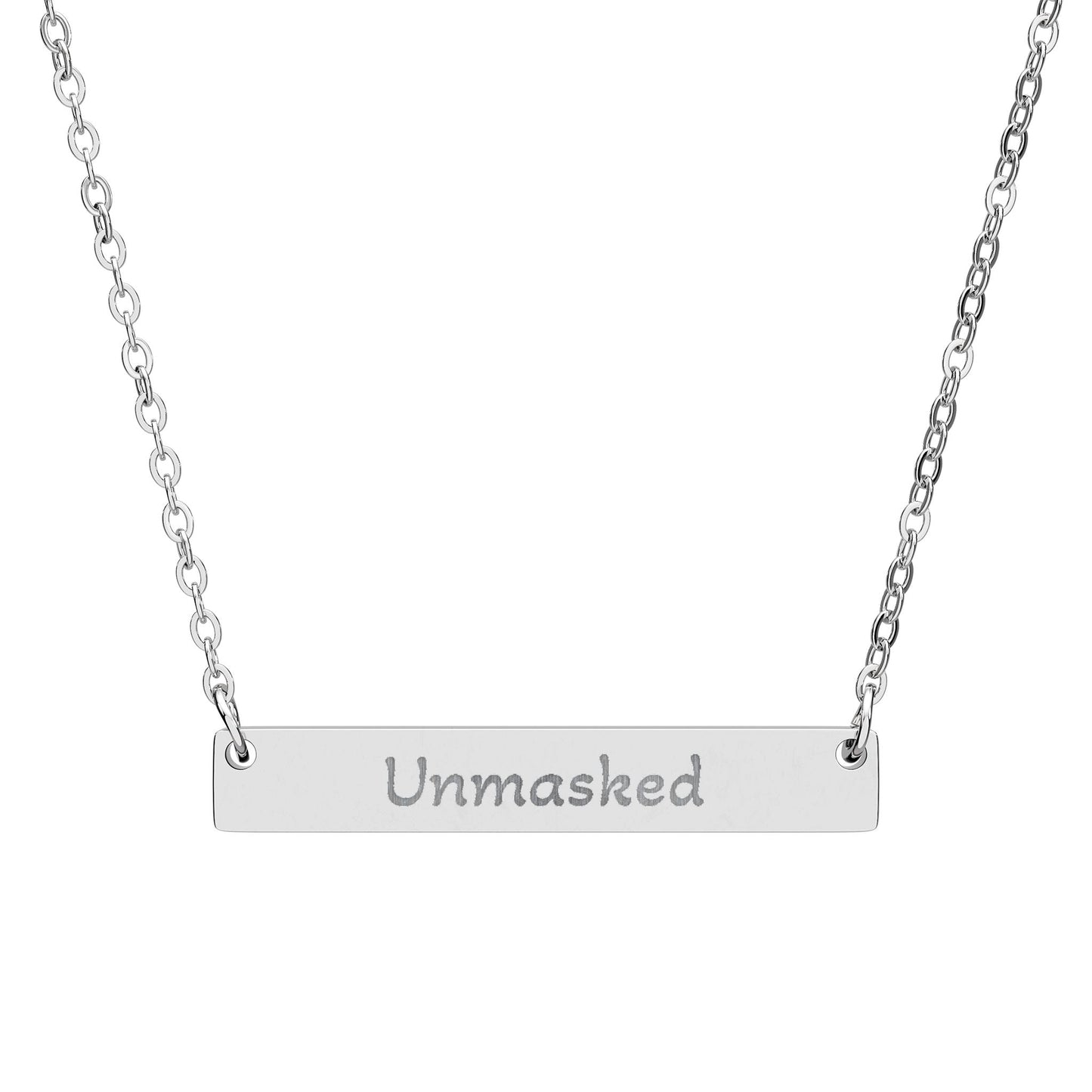 "Unmasked" - Engraved Horizontal Bar Necklace - Atlas of Imaginary Worlds