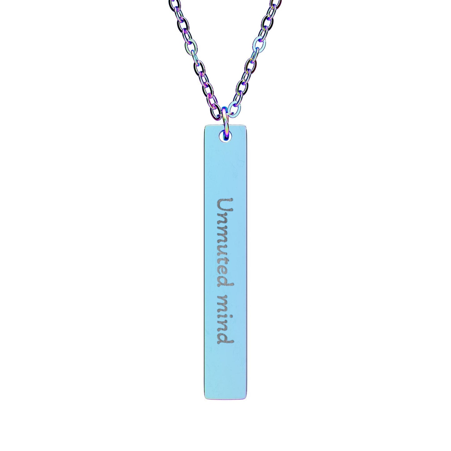 'Unmuted mind' - Engraved Vertical Bar Necklace - Atlas of Imaginary Worlds