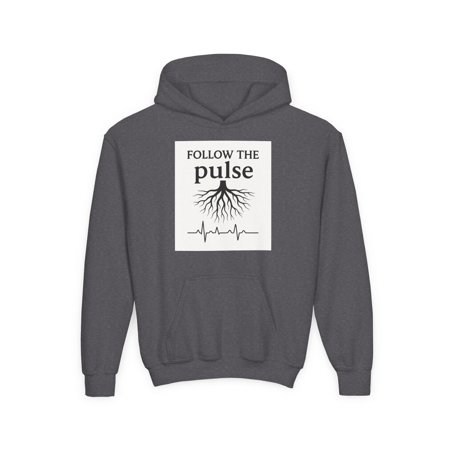 Youth Hoodie “Follow the Pulse” Tree Roots + Heartbeat Graphic - Atlas of Imaginary Worlds