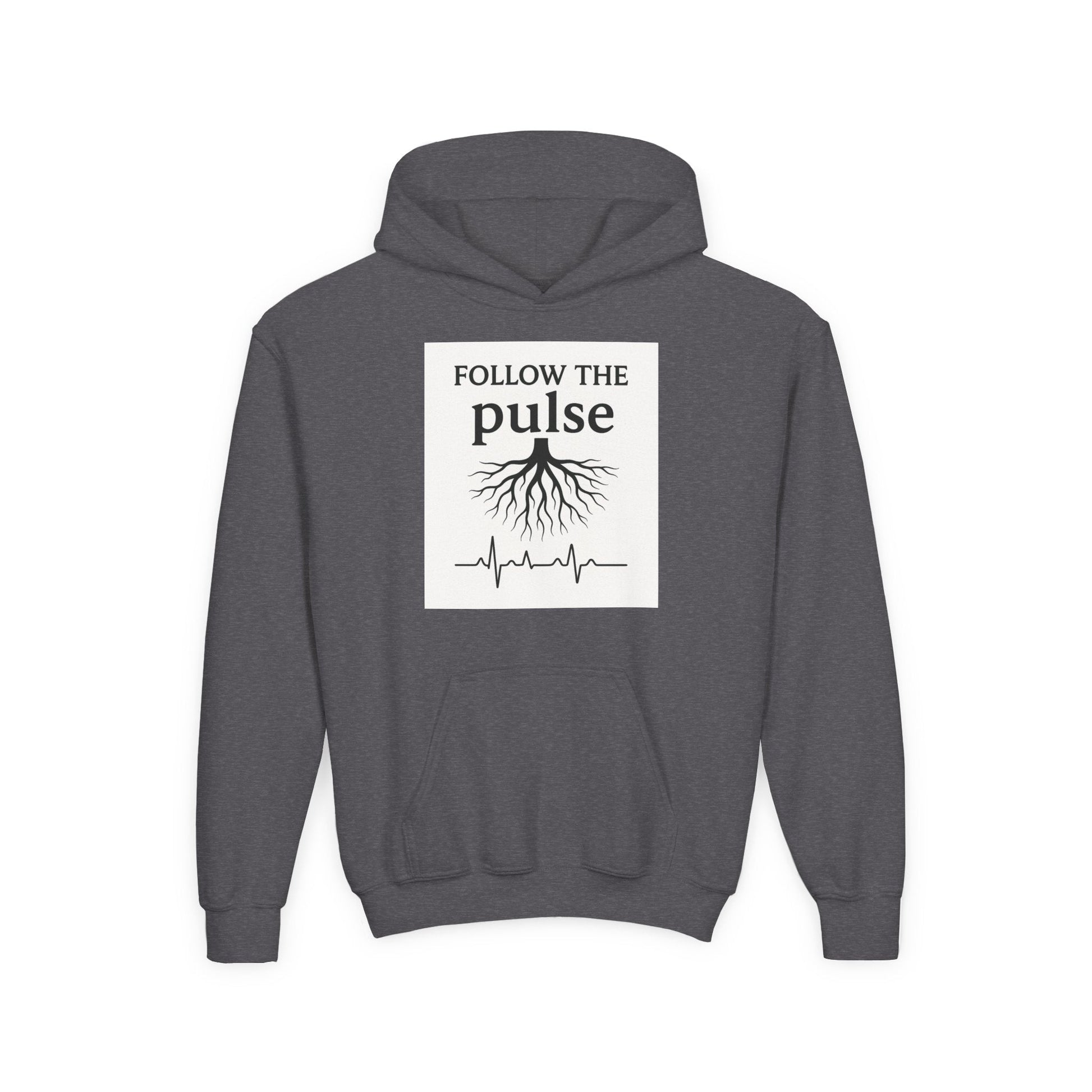 Youth Hoodie “Follow the Pulse” Tree Roots + Heartbeat Graphic - Atlas of Imaginary Worlds
