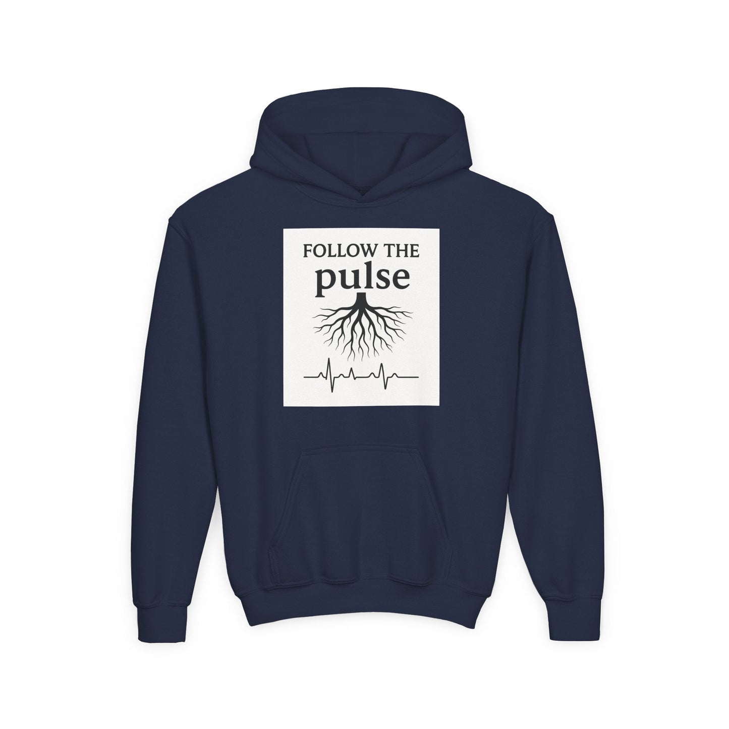 Youth Hoodie “Follow the Pulse” Tree Roots + Heartbeat Graphic - Atlas of Imaginary Worlds