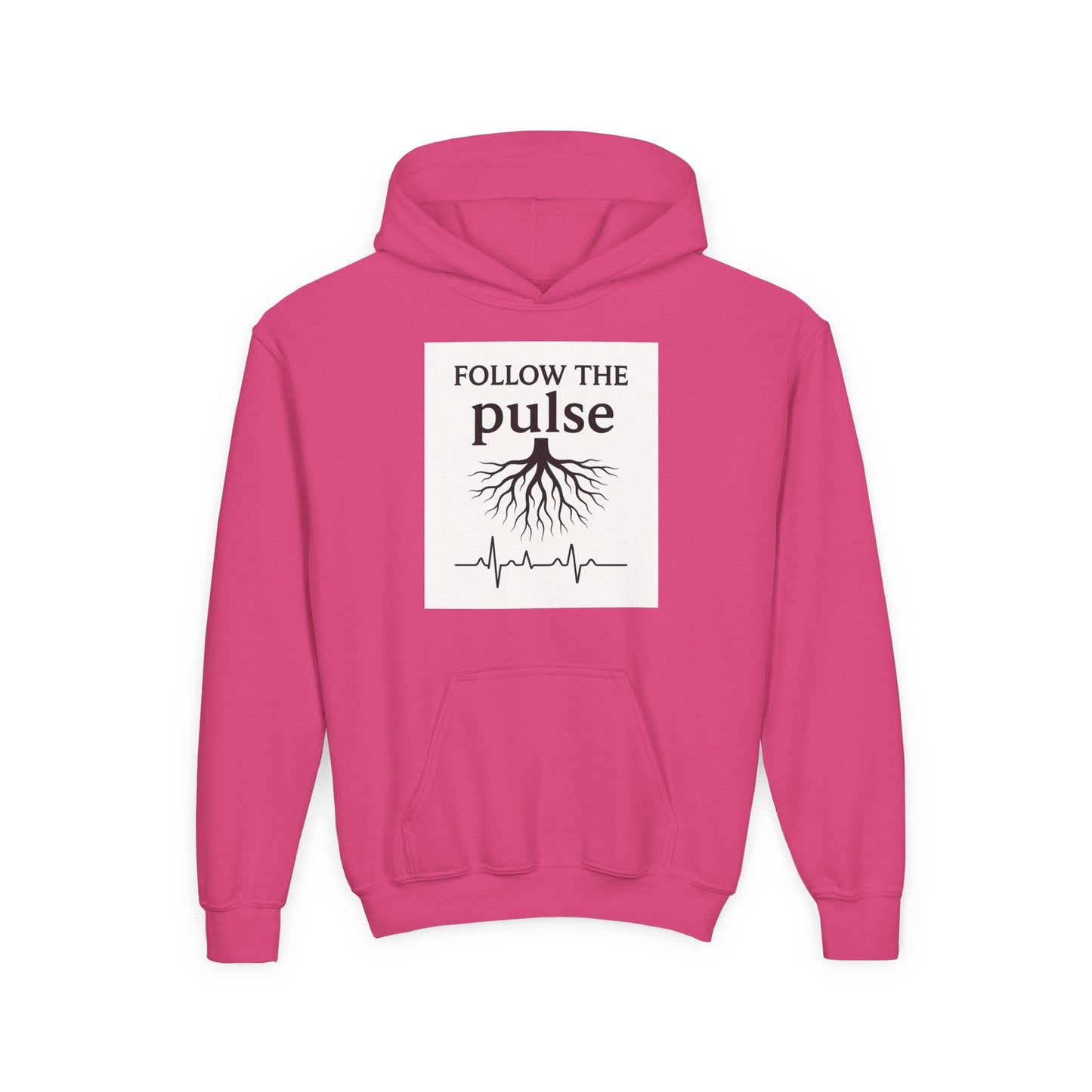 Youth Hoodie “Follow the Pulse” Tree Roots + Heartbeat Graphic - Atlas of Imaginary Worlds