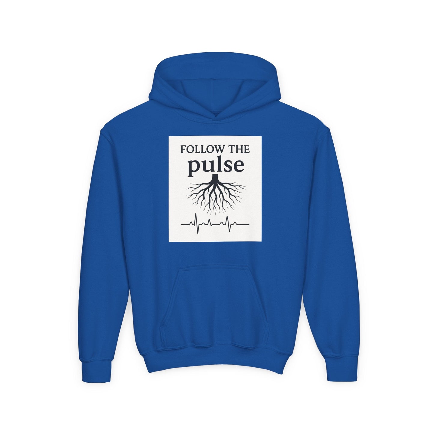 Youth Hoodie “Follow the Pulse” Tree Roots + Heartbeat Graphic - Atlas of Imaginary Worlds