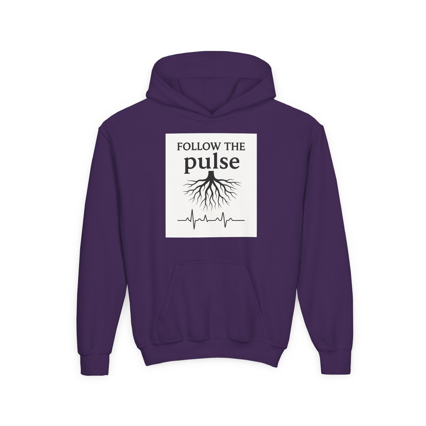 Youth Hoodie “Follow the Pulse” Tree Roots + Heartbeat Graphic - Atlas of Imaginary Worlds