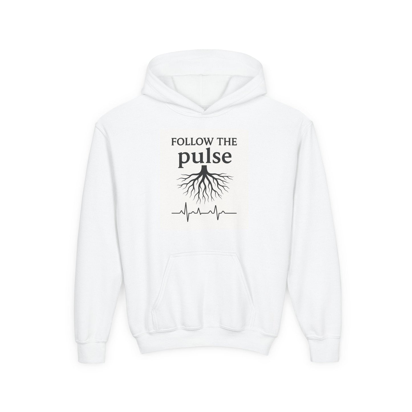 Youth Hoodie “Follow the Pulse” Tree Roots + Heartbeat Graphic - Atlas of Imaginary Worlds