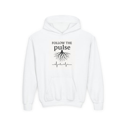 Youth Hoodie “Follow the Pulse” Tree Roots + Heartbeat Graphic - Atlas of Imaginary Worlds